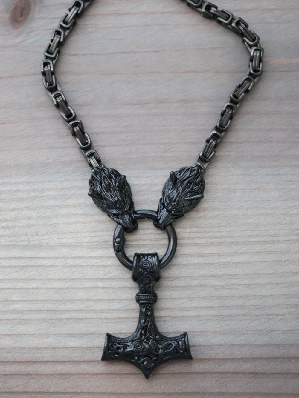 Thor Hammer Viking Style with Wolf Byzantine Chain Necklace Black Stainless Stee